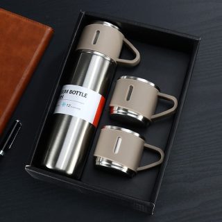 Swarg Kitchen Brown Stainless Steel Vacuum Flask Set with 3 Steel Cups - Travel Friendly Hot & Cold Beverage Bottle Combo