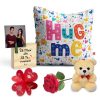 Indigifts Valentine Couple Gift Box with Satin Cushion, Teddy, Artificial Rose & Wooden Photo Stand (12X12 Inch)