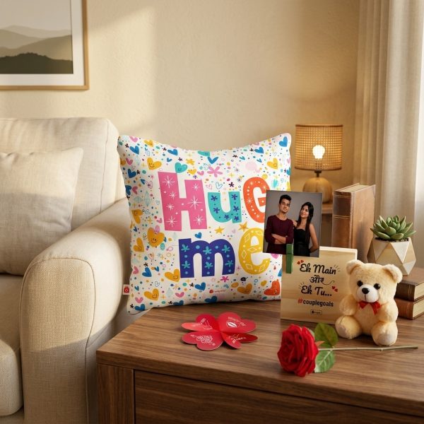Indigifts Valentine Couple Gift Box with Satin Cushion, Teddy, Artificial Rose & Wooden Photo Stand (12X12 Inch)