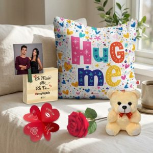 Indigifts Valentine Couple Gift Box with Satin Cushion, Teddy, Artificial Rose & Wooden Photo Stand (12×12 Inch) Indigifts Valentine Couple Gift Box with Satin Cushion, Teddy, Artificial Rose & Wooden Photo Stand (12X12 Inch)