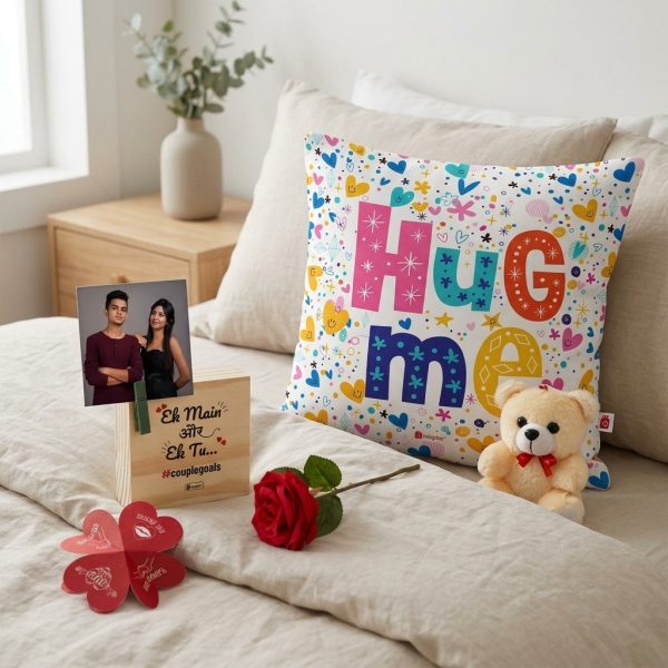 Indigifts Valentine Couple Gift Box with Satin Cushion, Teddy, Artificial Rose & Wooden Photo Stand (12X12 Inch)