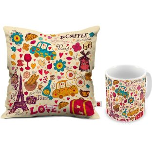 Indigifts Love Paris Coffee 12X12 Inches Printed Micro Satin and Fiber Filled Cushion and Ceramic Mug - Valentine Gifts for Girlfriend, Love Gifts For Boyfriend, Gift For Boyfriend Birthday