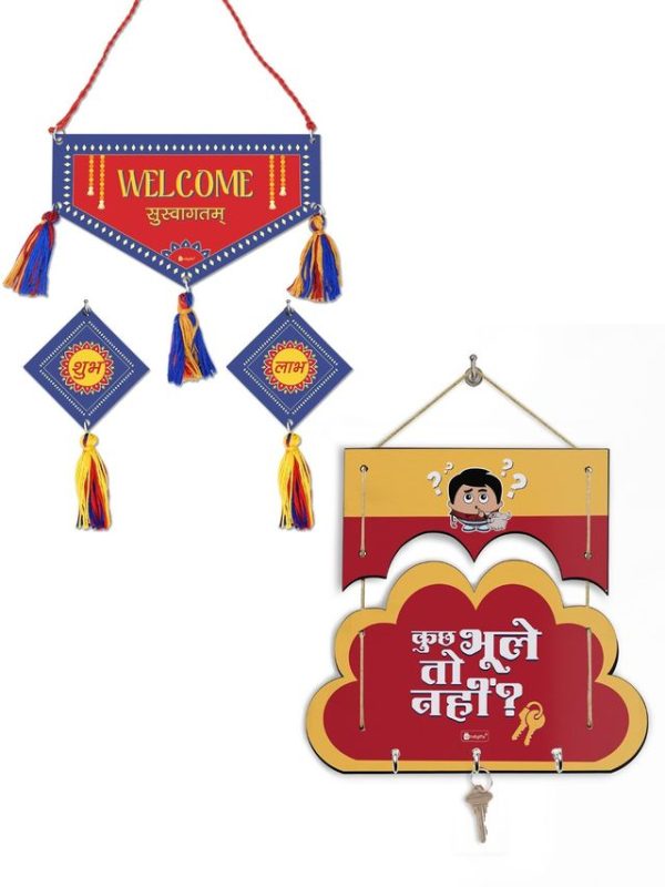 Indigift Gift Hamper for Decoration Cloud Design Decorative Wooden Wall Hanging and Shubh Labh Door Hanging Shubh Labh Wall Hanging Unique Shubh Labh Wall Decor Hanging Cloud Shape Wall Hanging