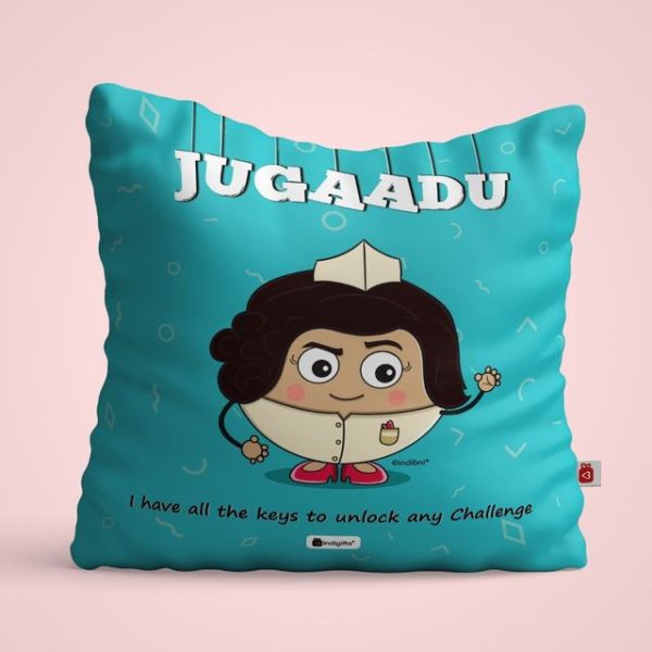 Indigifts Best Friend Birthday Gift | Jugaadu Printed Blue Cushion Cover 12"x12" with Filler | Gift for BFF Birthday, Friendship Day Gift, Birthday Gift for Best Friend/ Roommate, Funny Gift for Girl - Image 2
