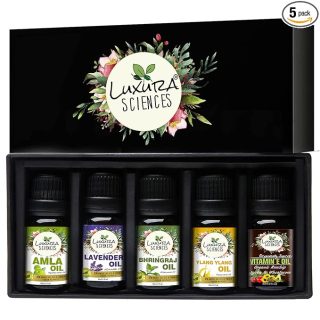Luxura Sciences Organic Essential Oil Combo Pack of 5 Oils - HAIR Essential oil kit 5x15ml (Lavender Oil, Bhringraj Oil, Amla Oil, Ylang Ylang Oil, Vitamin E Oil)