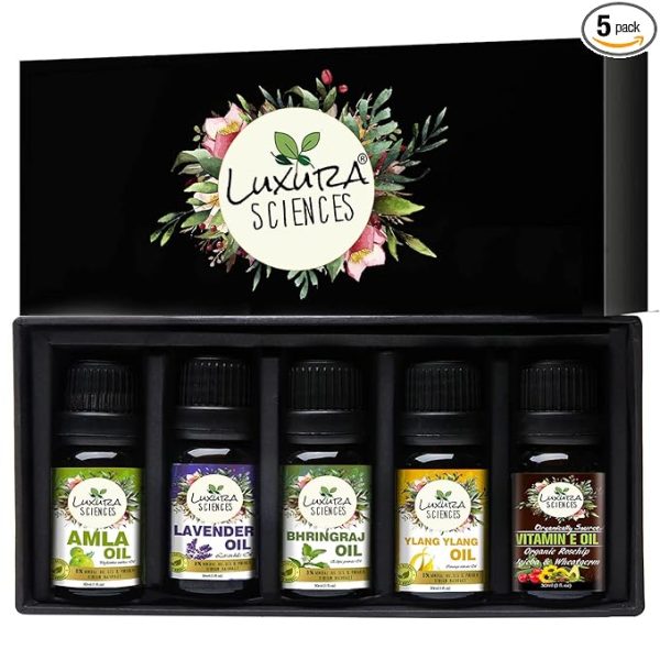 Luxura Sciences Organic Essential Oil Combo for Hair Care - Lavender, Bhringraj, Amla, Ylang Ylang & Vitamin E Oils (Pack of 5 x 15 ML)