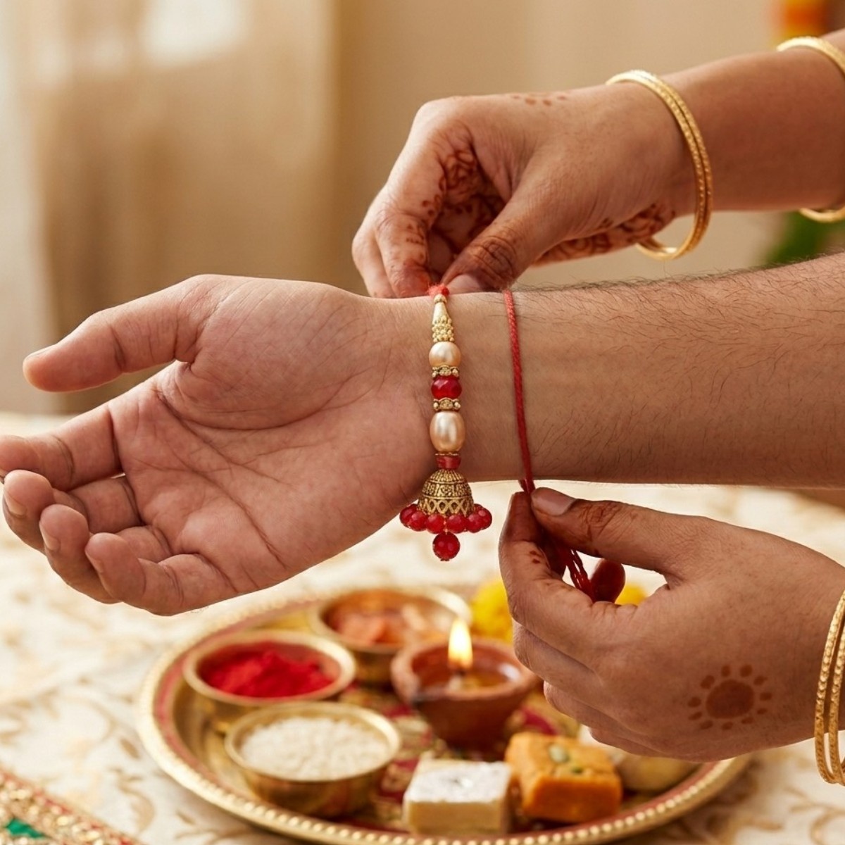 ACCESSHER Traditional Lumba Rakhi - Delicate Jhumka for Bhabhi with Roli, Kumkum & Greeting Card - Image 3