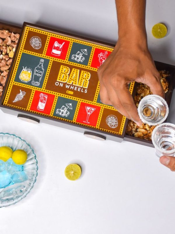 Indigifts Wooden Bar Trolly for Home Bar On Wheels Quotes Printed Bar Trolley - Wooden Bar Trolley| Bar Table Trolley| Bar Tray for Gifts| Serving Bar Tray for Decorations| Gifts Set for Friends - Image 3