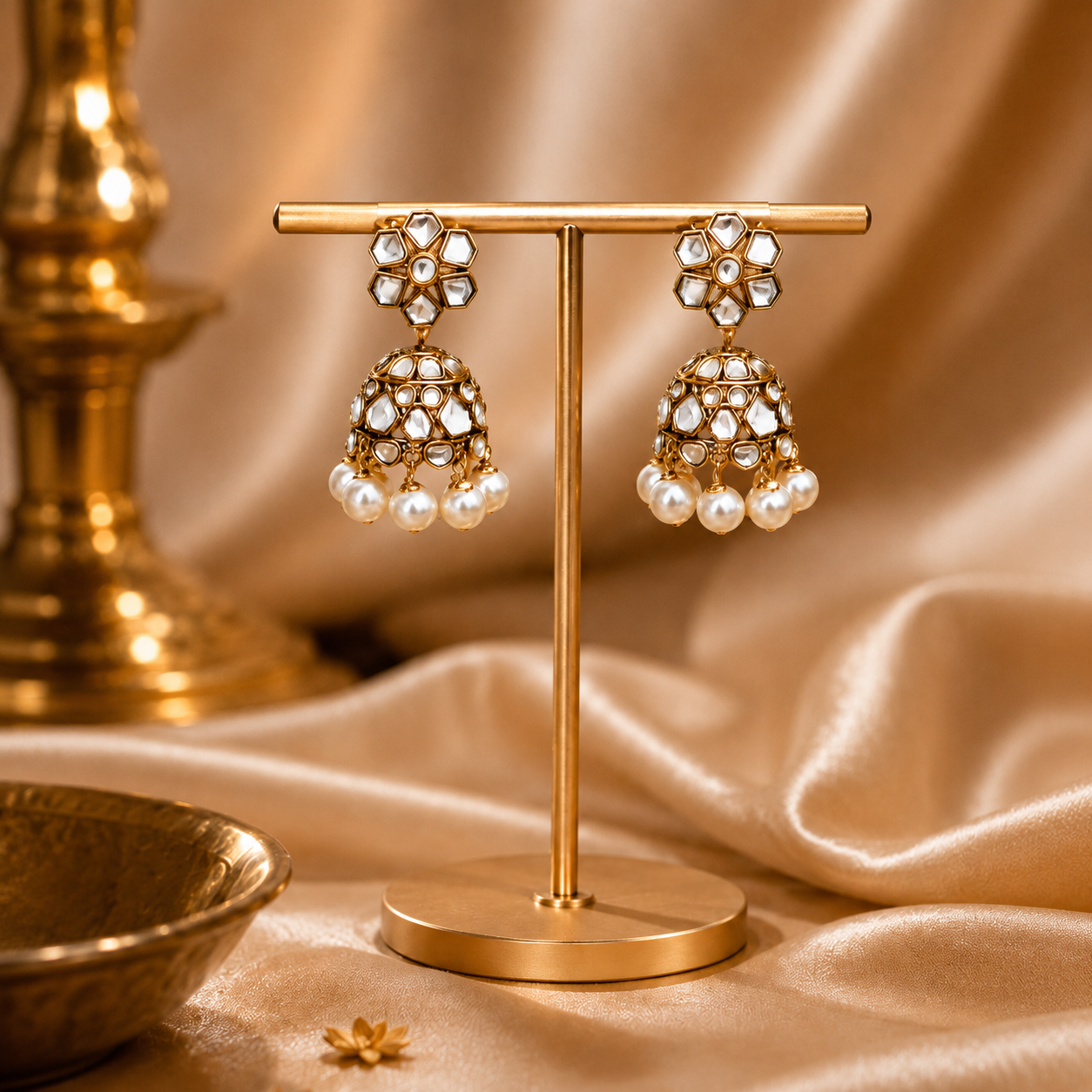 Accessher Gold Plated Floral Jhumki Earrings with Kundan Detailing - Traditional Ethnic Design - Image 4