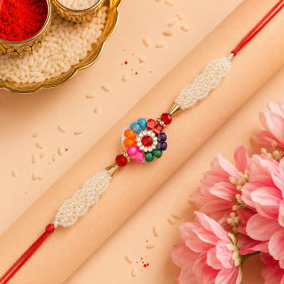 ACCESSHER Traditional Multicolor Pearl Rakhi - Gift Set Roli, Kumkum & Raksha Bandhan Card