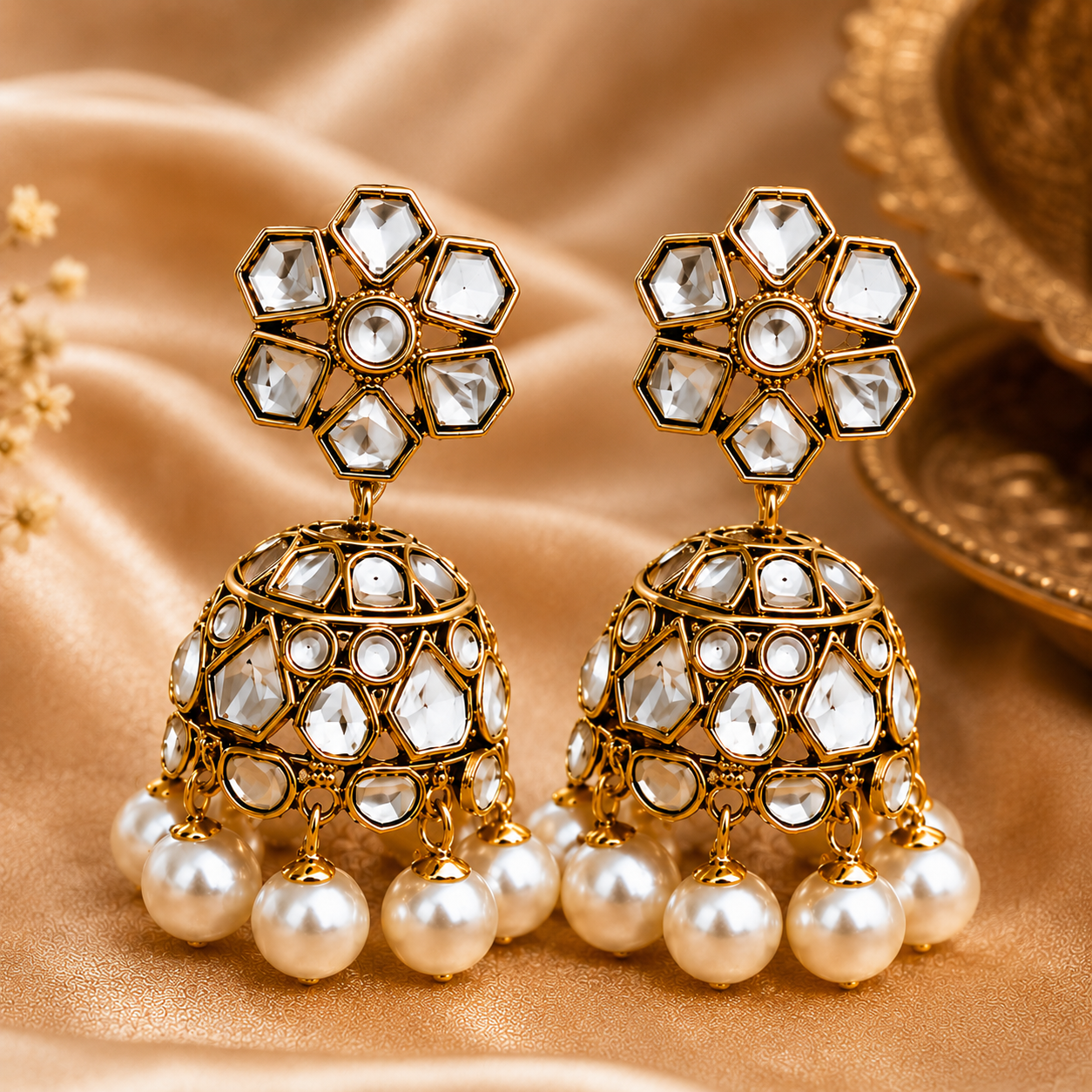Accessher Gold Plated Floral Jhumki Earrings with Kundan Detailing - Traditional Ethnic Design - Image 2