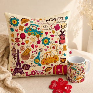 Indigifts “Love Paris Coffee” Printed Cushion & Ceramic Mug Gift Set - Romantic Valentine Gift Collection (12×12 Inch)