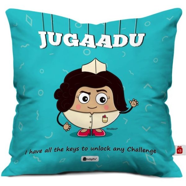 Indigifts Best Friend Birthday Gift | Jugaadu Printed Blue Cushion Cover 12"x12" with Filler | Gift for BFF Birthday, Friendship Day Gift, Birthday Gift for Best Friend/ Roommate, Funny Gift for Girl - Image 3