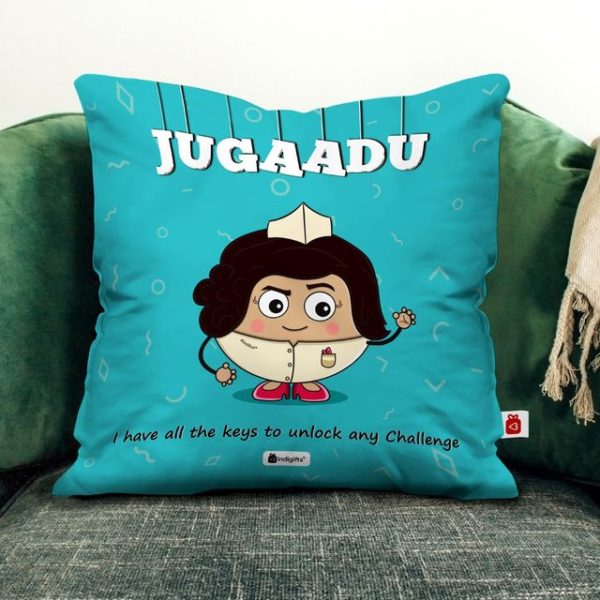 Indigifts Best Friend Birthday Gift | Jugaadu Printed Blue Cushion Cover 12"x12" with Filler | Gift for BFF Birthday, Friendship Day Gift, Birthday Gift for Best Friend/ Roommate, Funny Gift for Girl