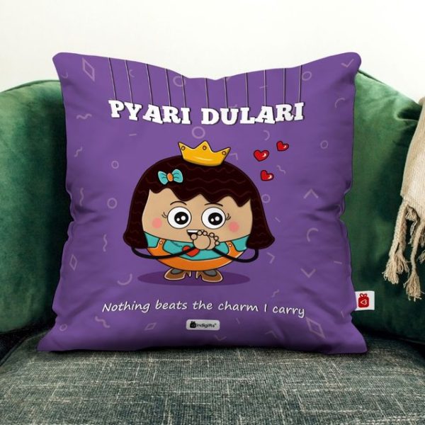Indigifts Printed Cushion Cover with Filler | Pyari Dulari | Polysatin | 12x12 Inches | Comfortable Purple Cushions | Friends Cushion Pillow| Gift for Friends Birthday | Soft Decorative Pillows