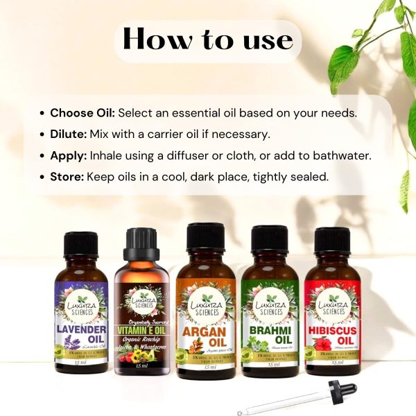 Luxura Sciences Daily Scalp Health Essential Oil Kit | 5 Nourishing Oils for Hair & Scalp Care (Hibiscus, Brahmi, Argan, Lavender & Vitamin E) – 15ml Each - Image 8