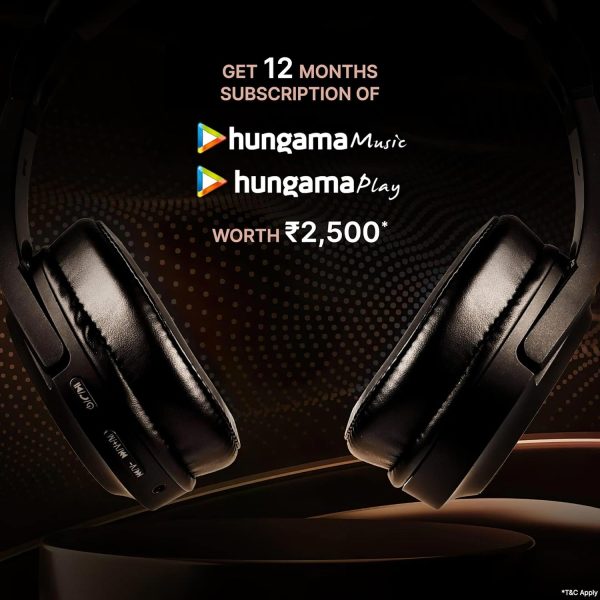 Hungama HiLife Buzz 101 Bluetooth Wireless Over Ear Headphones with 40 Hours Playback, with Mic, Passive Noise Cancellation, Black and Get 1 Year Free Subscription of Hungama Play & Hungama Music - Image 2