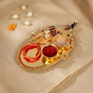 ACCESSHER Meenakari Rakhi with Ivory Pearl Detailing - Gift Set with Acrylic Peacock Pooja Thali, Roli, Kumkum & Raksha Bandhan Greeting Card