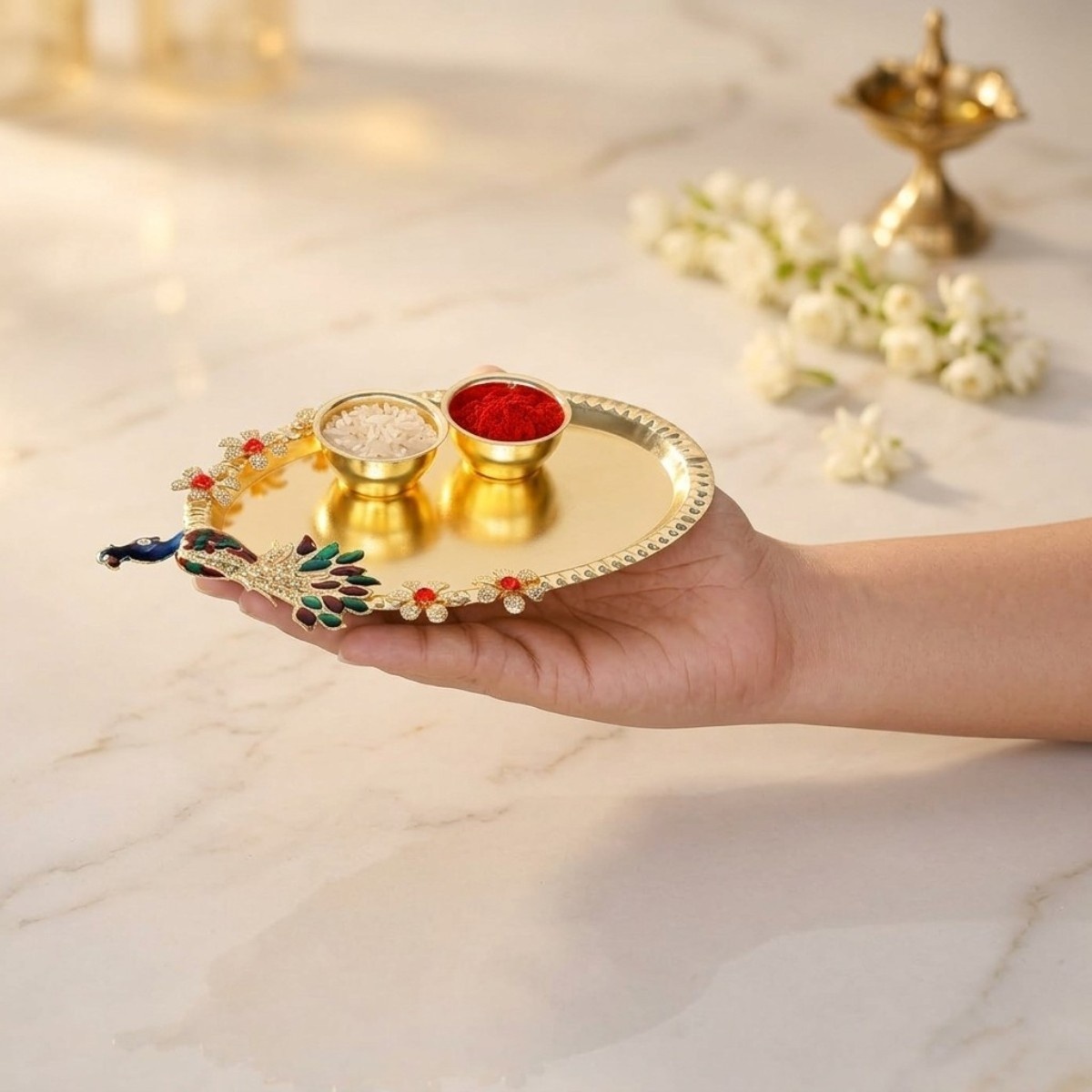 ACCESSHER Meenakari Rakhi with Ivory Pearl Detailing - Gift Set with Acrylic Peacock Pooja Thali, Roli, Kumkum & Raksha Bandhan Greeting Card - Image 4