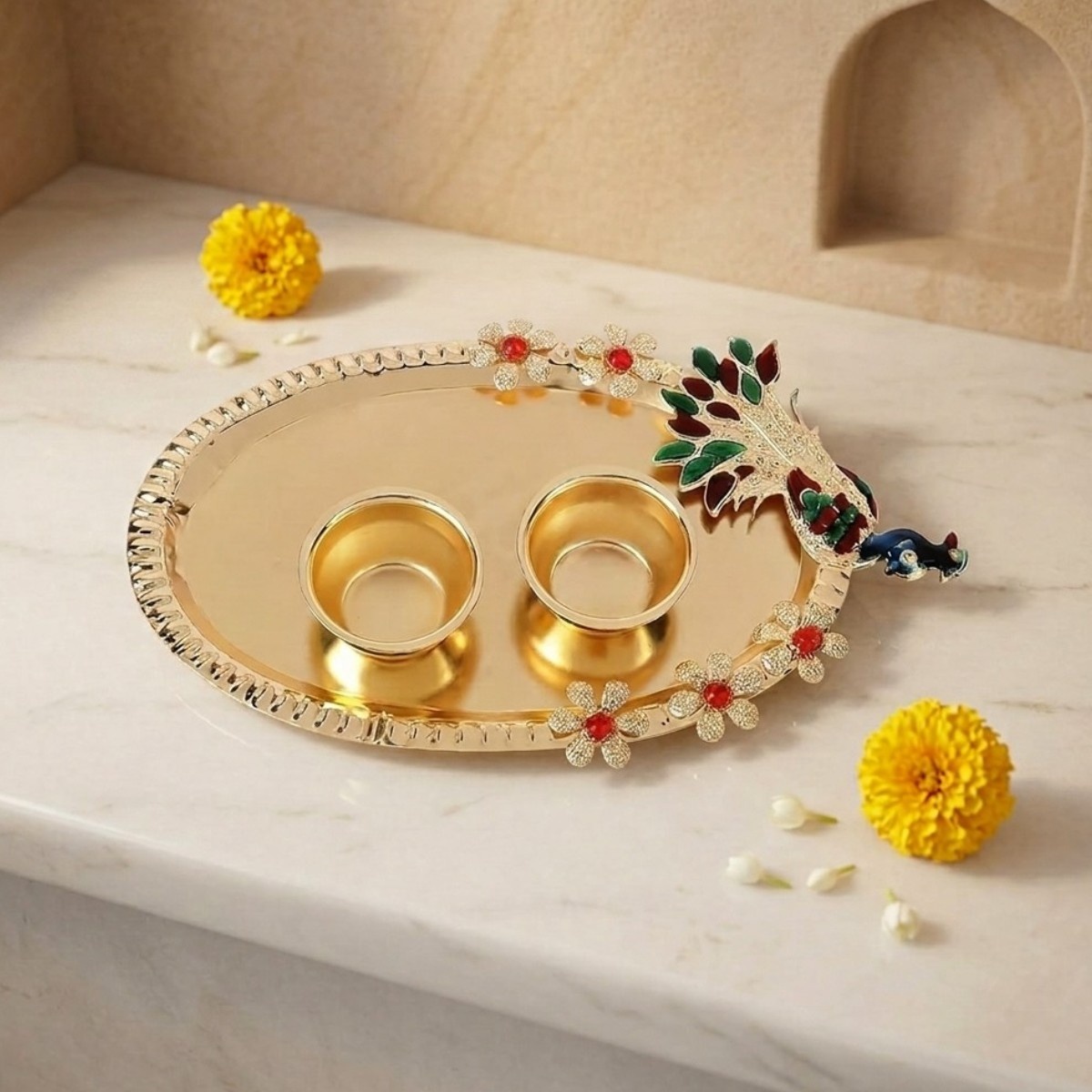 ACCESSHER Meenakari Rakhi with Ivory Pearl Detailing - Gift Set with Acrylic Peacock Pooja Thali, Roli, Kumkum & Raksha Bandhan Greeting Card - Image 3