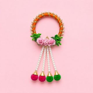 ACCESSHER Gota Work Floral Lumba Rakhi with Pom Pom Latkan for Bhabhi with Roli, Kumkum & Greeting Card