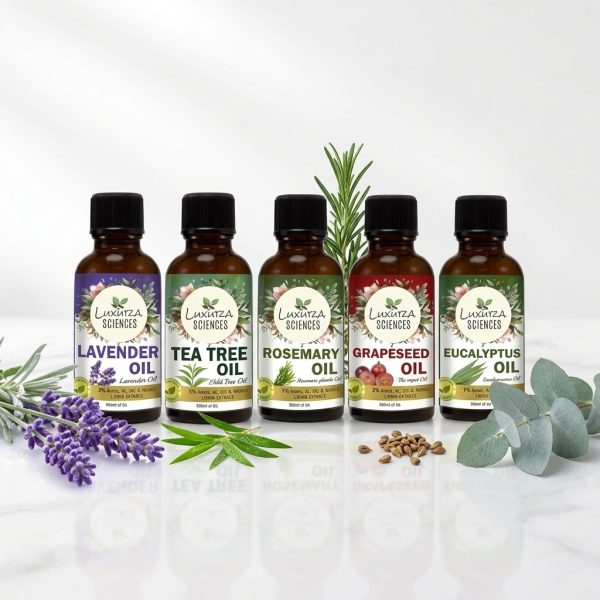 Luxura Sciences Organic Essential Oil Combo for Anti-Acne Skin Care - Tea Tree, Lavender, Eucalyptus, Grapeseed & Rosemary Oils (Pack of 5 x 15 ML)