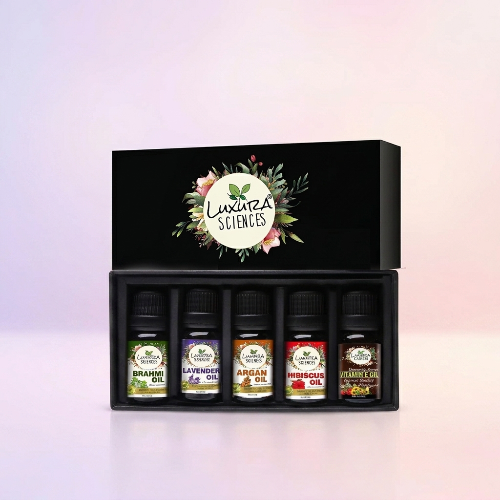 Luxura Sciences Daily Scalp Health Essential Oil Kit with Hibiscus, Brahmi, Argan, Lavender & Vitamin E Oils (Pack of 5 x 15 ML) - Image 4