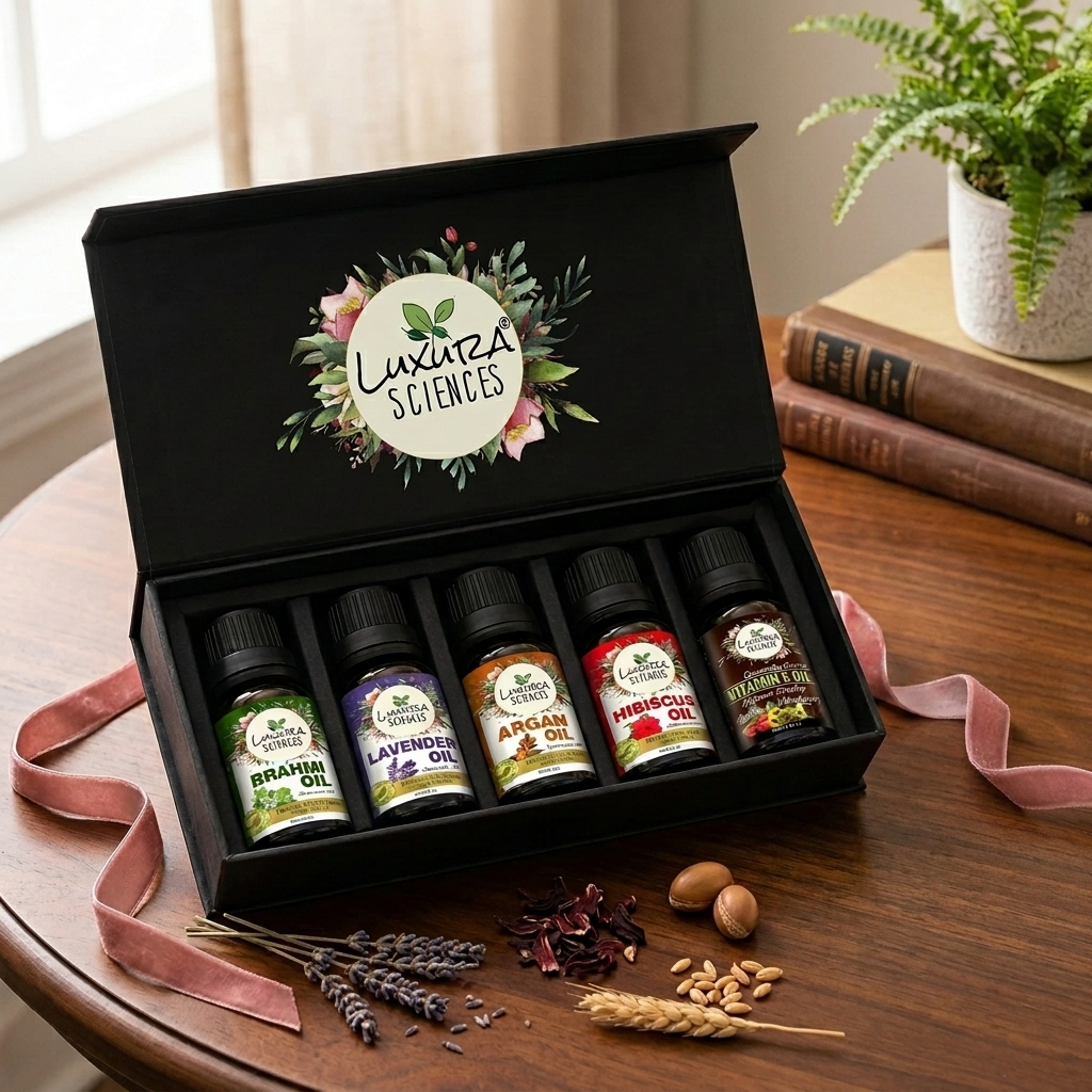 Luxura Sciences Daily Scalp Health Essential Oil Kit with Hibiscus, Brahmi, Argan, Lavender & Vitamin E Oils (Pack of 5 x 15 ML) - Image 2