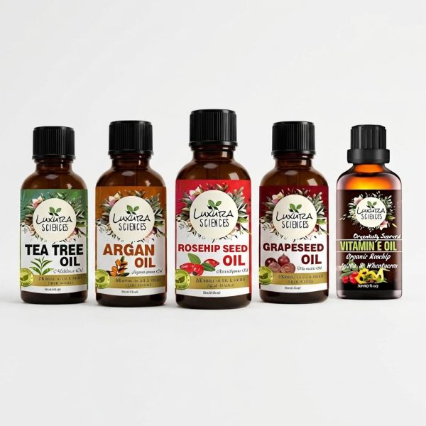 Luxura Sciences Organic Essential Oil Combo for Daily Skin Health – Rosehip Seed, Argan, Tea Tree, Grapeseed & Vitamin E Oils (Pack of 5 x 15 ML)