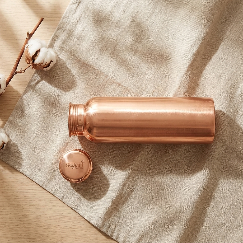 SWARG KITCHEN 950 ML Plain Textured Pure Copper Water Bottle - BPA Free Copper Drinkware - Image 7