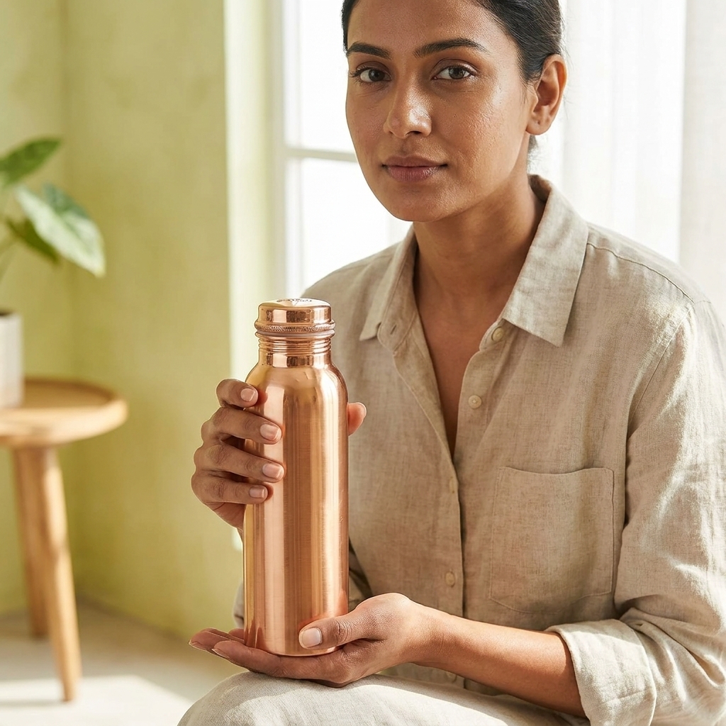 SWARG KITCHEN 950 ML Plain Textured Pure Copper Water Bottle - BPA Free Copper Drinkware - Image 4