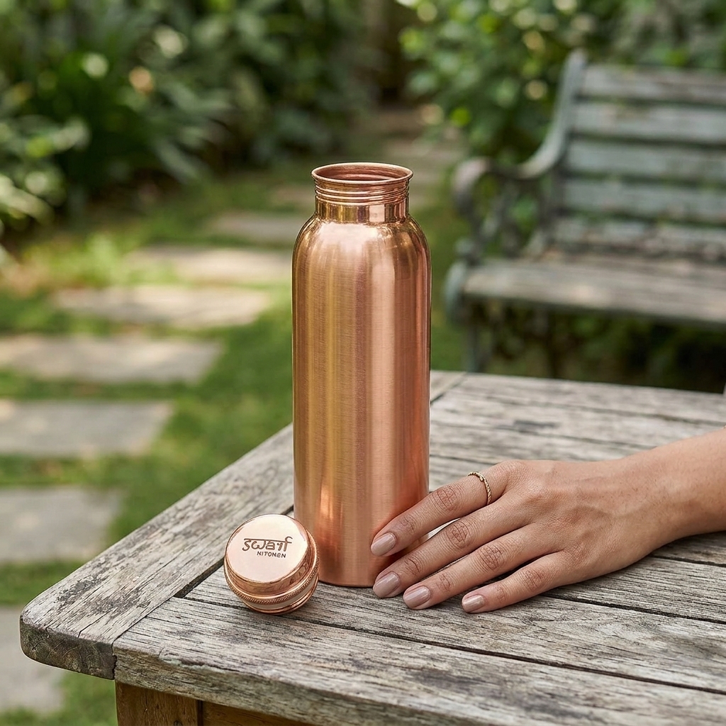 SWARG KITCHEN 950 ML Plain Textured Pure Copper Water Bottle - BPA Free Copper Drinkware - Image 5