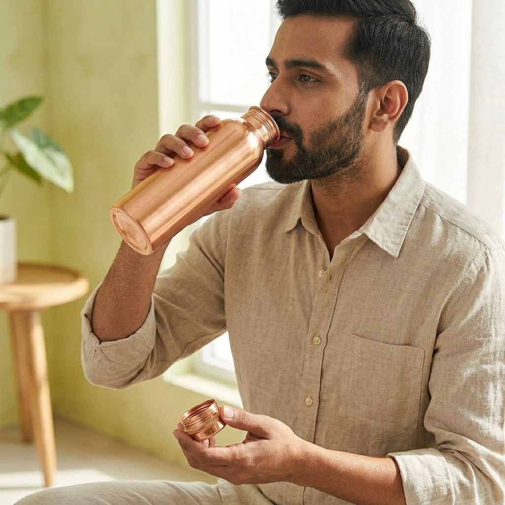 SWARG KITCHEN 950 ML Plain Textured Pure Copper Water Bottle - BPA Free Copper Drinkware - Image 2