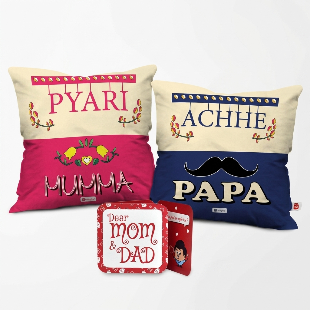 Indigifts “Pyari Mumma & Achhe Papa” Cushion Gift Set for Parents - Set of 2 - Image 5