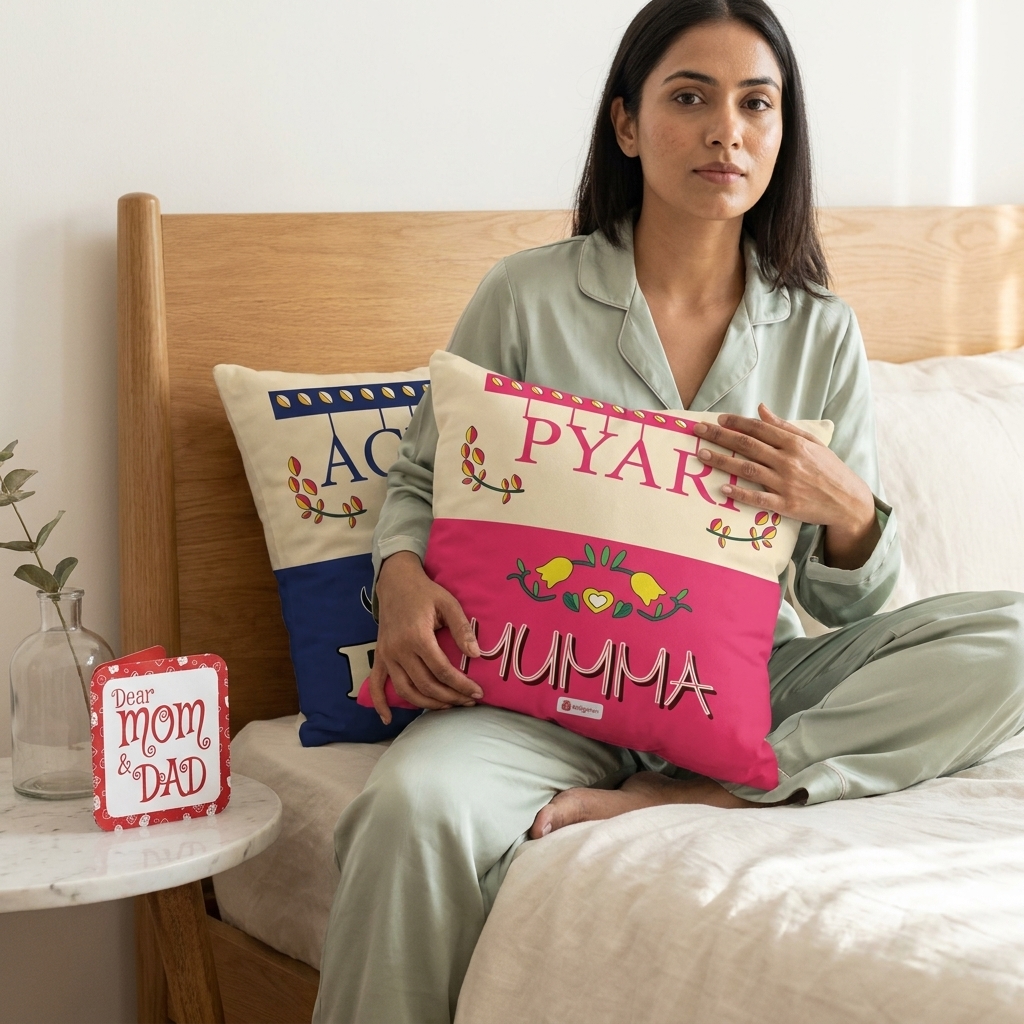 Indigifts “Pyari Mumma & Achhe Papa” Cushion Gift Set for Parents - Set of 2 - Image 4