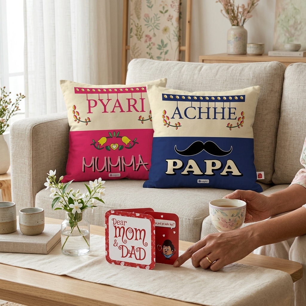 Indigifts “Pyari Mumma & Achhe Papa” Cushion Gift Set for Parents - Set of 2 - Image 2