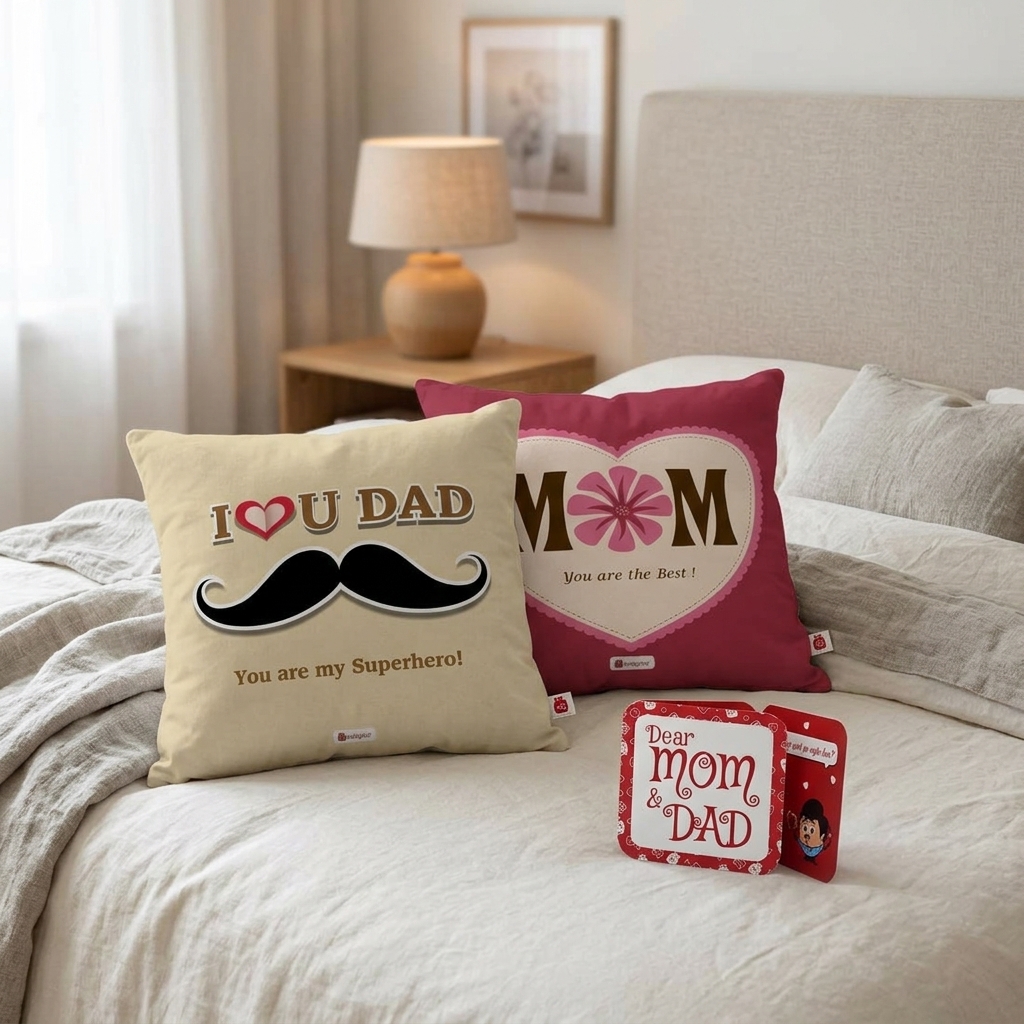 IndiGifts “You Are the Best” Printed Cushion Set with Greeting Card for Parents - Multicolour Polycotton Home Décor Gift (Set of 2)