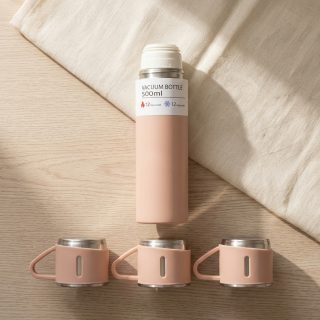 Swarg Kitchen Pink Stainless Steel Vacuum Flask Set with 3 Steel Cups - Travel Friendly Hot & Cold Beverage Bottle Combo