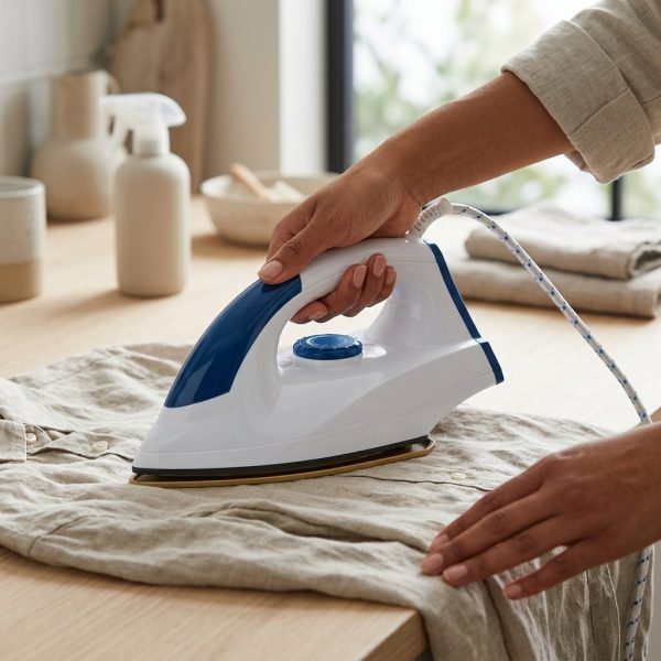 Max 1000W Dry Iron Press for Clothes with Advanced Golden Plate - Easy Grip Temperature Knob Electric Iron Box (White/Blue)