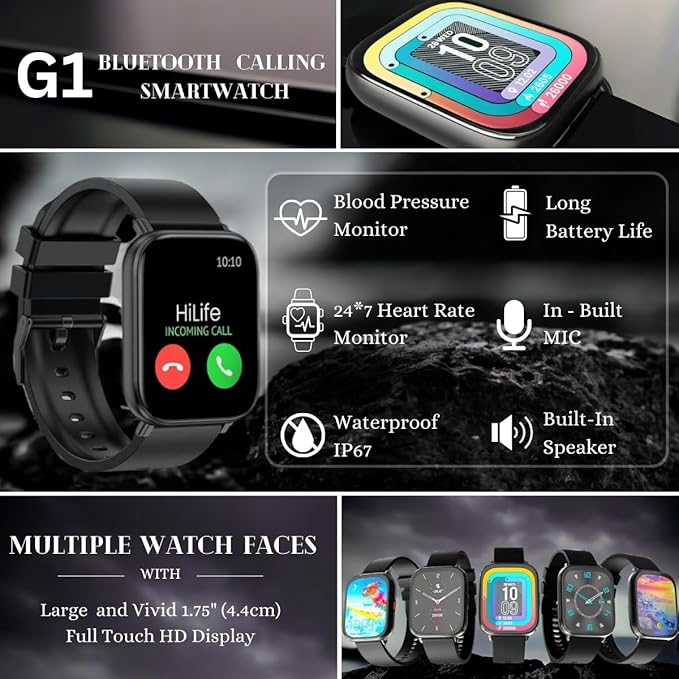 Hungama HiLife G1 Bluetooth Calling Smartwatch with 1.75"(4.4cm) Full Touch HD Display, Built in Speaker and Mic, SpO2, Blood Pressure & Heart Rate Monitor,IP67 Waterproof, Multiple Watch Faces - Image 3