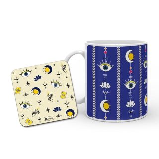 Indigifts Coffee Mug 325 ml And Coaster Evil Eye Printed Blue Mug and White Coaster| Gift Hamper| Printed Coffee Mugs| White Ceramic Coffee Mugs| Coaster For Office Table| Tea Coaster For Office Table