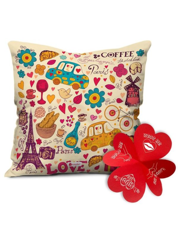 Indigifts Printed Cushion Cover with Filler | Paris Theme Print | Polysatin | 12x12 Inches | Comfortable Multicolor Cushions Soft Decorative Pillows | Unique Quirky Gifts | Valentine Gifts - Image 3