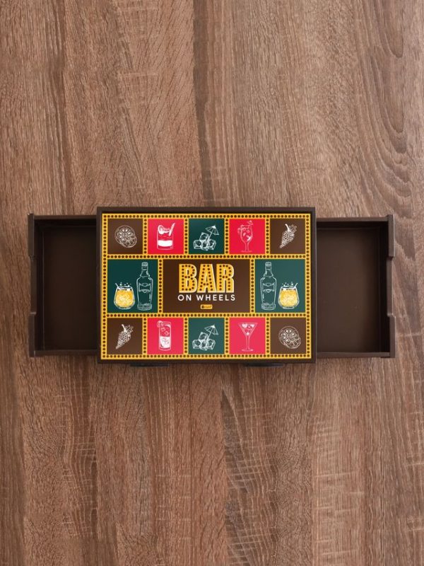 Indigifts Wooden Bar Trolly for Home Bar On Wheels Quotes Printed Bar Trolley - Wooden Bar Trolley| Bar Table Trolley| Bar Tray for Gifts| Serving Bar Tray for Decorations| Gifts Set for Friends - Image 2