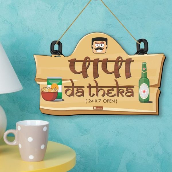 Indigifts Papa Da Theka Wooden Wall Hanging for Kitchen 11.05x7 Inches Papa-Father in Law-Birthday| Parents| Kitchen Door Sign| Father Gift | 1 "Papa Da Theka" Printed Designer Wall Hanging - Image 2