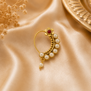 AccessHer Traditional Kundan & Pearl Nose Ring for Women | Brass Ethnic Nath with Elegant Gold Plated Finish | Bridal & Festive Jewellery