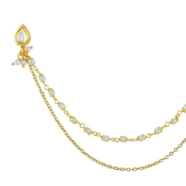 ACCESSHER Gold Plated Traditional and Ethnic Ruby Kundan Embellished Delicate Clip On/Non-Piercing Nose Ring/Nathani with Pearl Chain for Women Pack of 1 - Image 4