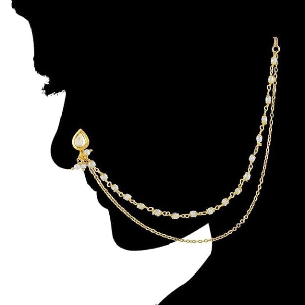 ACCESSHER Gold Plated Traditional and Ethnic Ruby Kundan Embellished Delicate Clip On/Non-Piercing Nose Ring/Nathani with Pearl Chain for Women Pack of 1 - Image 3