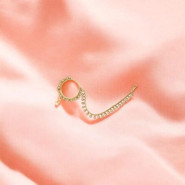 Traditional Ethnic Gold-Plated Copper Nose Ring with Chain & American Diamond for Women | Bridal Jewelry | Perfect Gifting for Karwa Chauth & Weddings - Image 5