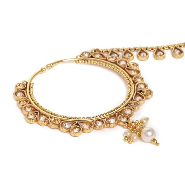 Traditional Ethnic Gold-Plated Copper Nose Ring with Chain & American Diamond for Women | Bridal Jewelry | Perfect Gifting for Karwa Chauth & Weddings - Image 4