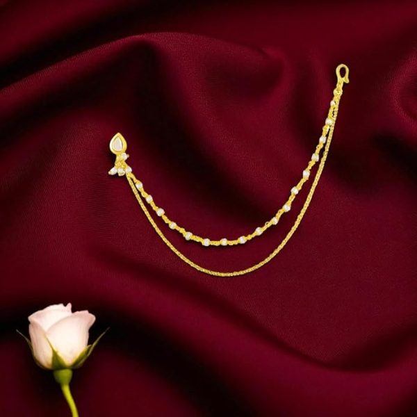 ACCESSHER Gold Plated Traditional and Ethnic Ruby Kundan Embellished Delicate Clip On/Non-Piercing Nose Ring/Nathani with Pearl Chain for Women Pack of 1 - Image 5